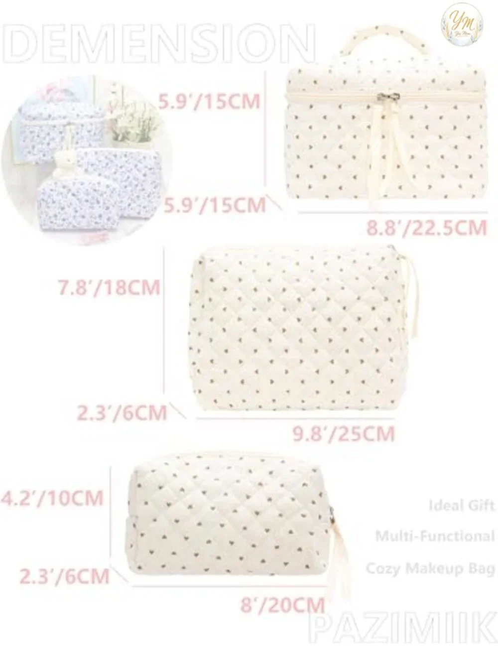 3-Piece Quilted Makeup Bag Set with Heart Zipper, Cosmetic & Toiletry